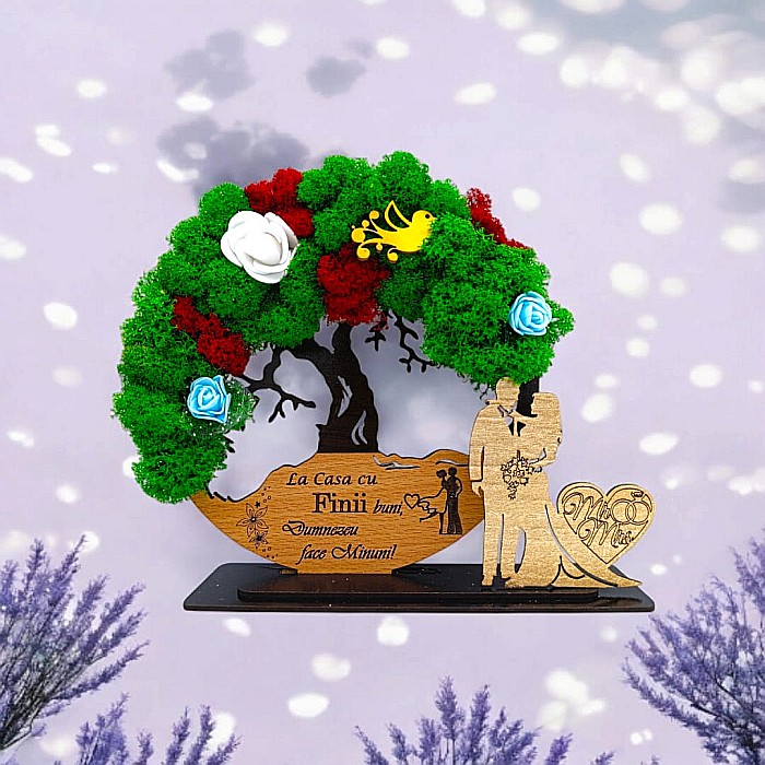 Tablou Copacul Vietii Cadou personalizat cu mesaj standard pentru Nunta/Sotie/Fini/Familie/Nasi ”La casa cu Finii buni...”,decorat cu licheni stabilizati Produs în România de Rustic Wood Decor [1]