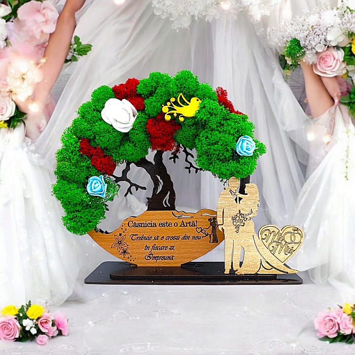 Tablou Copacul Vietii Cadou personalizat cu mesaj standard pentru Nunta/Sotie/Fini/Familie/Nasi ”Casnicia este o arta...”,decorat cu licheni stabilizati Produs în România de Rustic Wood Decor [1]