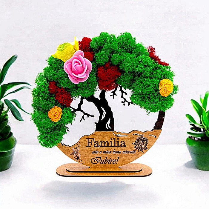 Tablou Copacul Vietii Cadou personalizat cu mesaj standard pentru Nunta/Sotie/Fini/Familie/Nasi ”Familia este o mica lume...”,decorat cu licheni stabilizati Produs în România de Rustic Wood Decor [1]