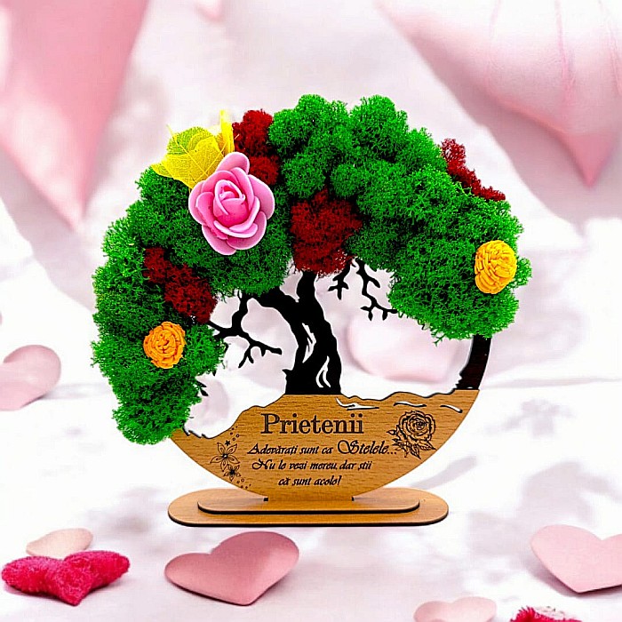 Tablou Copacul Vietii Cadou personalizat cu mesaj standard pentru Prieteni/Sotie/Fini/Familie/Nasi ”Prietenii adevarati...”,decorat cu licheni stabilizati Produs în România de Rustic Wood Decor [1]