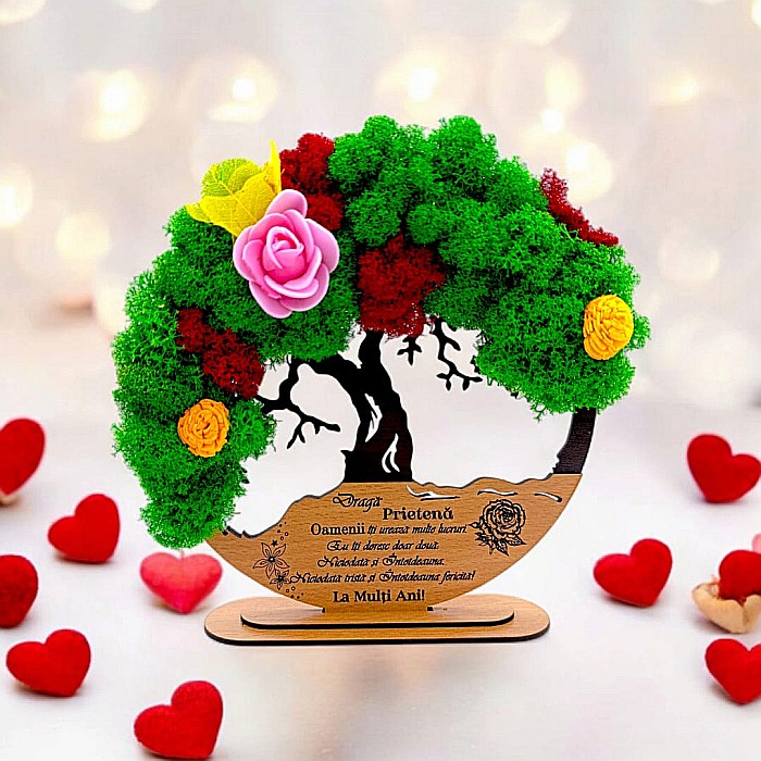 Tablou Copacul Vietii Cadou personalizat cu mesaj standard pentru Prieteni/Sotie/Fini/Familie/Nasi ”Draga Prietena...”,decorat cu licheni stabilizati Produs în România de Rustic Wood Decor [1]