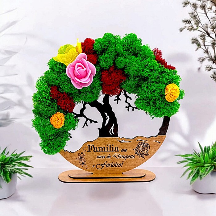 Tablou Copacul Vietii Cadou personalizat cu mesaj standard pentru Prieteni/Sotie/Fini/Familie/Nasi ”Familia este sursa de...”,decorat cu licheni stabilizati Produs în România de Rustic Wood Decor [1]