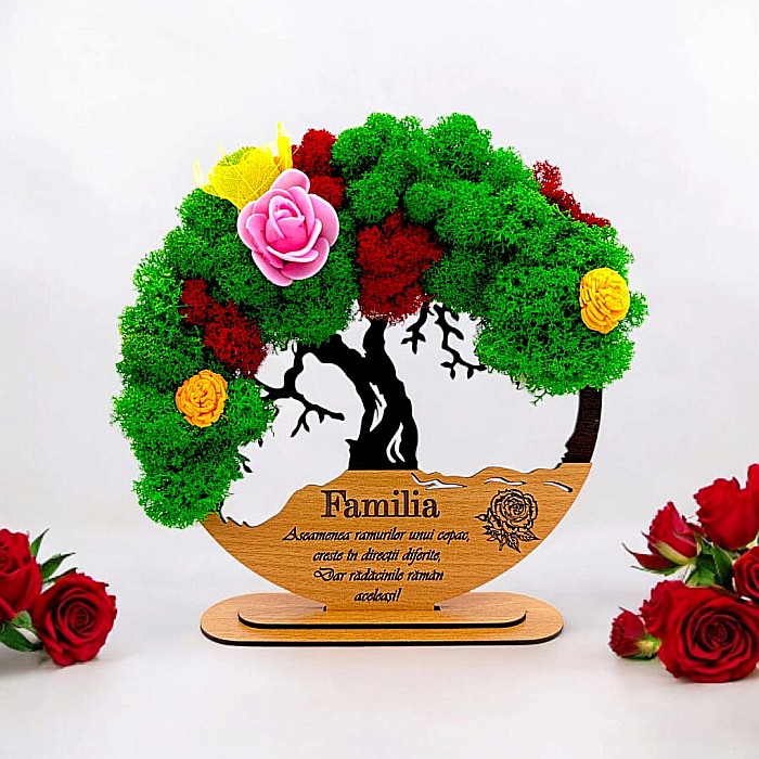 Tablou Copacul Vietii Cadou personalizat cu mesaj standard pentru Prieteni/Sotie/Fini/Familie/Nasi ”Familia asemenea ramurilor...”,decorat cu licheni stabilizati Produs în România de Rustic Wood Decor [1]
