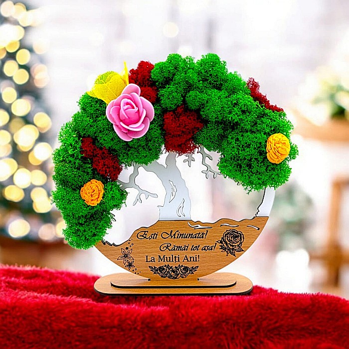 Tablou Copacul Vietii Cadou personalizat cu mesaj standard pentru Prieteni/Sotie/Fini/Familie/Nasi ”Esti Minunata!”,decorat cu licheni stabilizati Produs în România de Rustic Wood Decor [1]