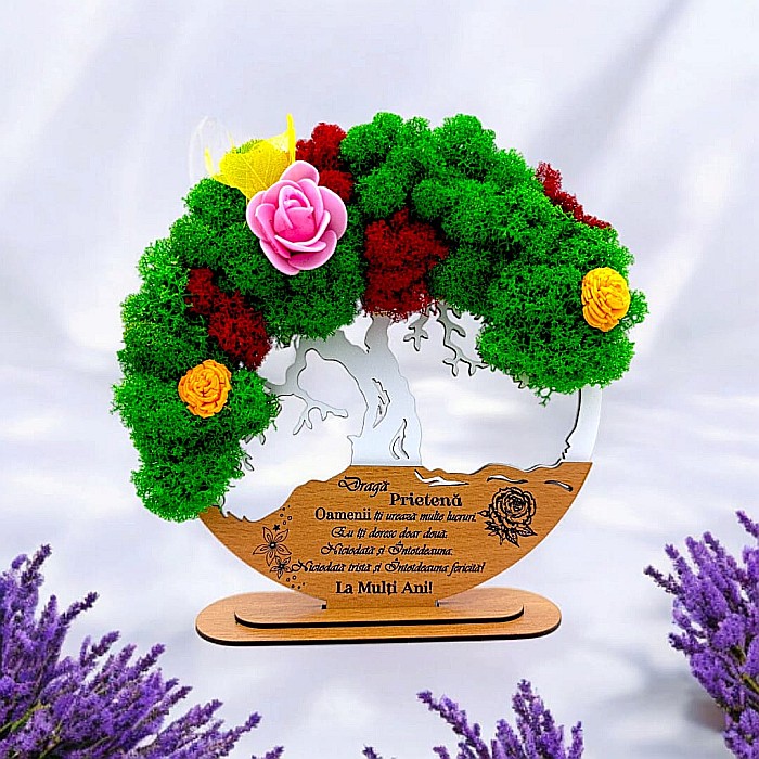 Tablou Copacul Vietii Cadou personalizat cu mesaj standard pentru Prieteni/Sotie/Fini/Familie/Nasi ”Draga Prietena..”,decorat cu licheni stabilizati Produs în România de Rustic Wood Decor [1]