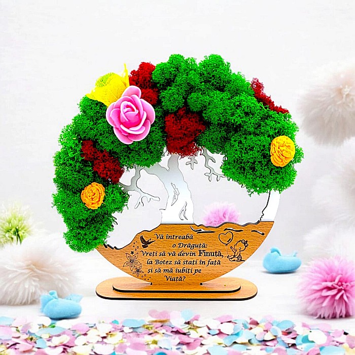 Tablou Copacul Vietii Cadou personalizat cu mesaj standard pentru Prieteni/Sotie/Fini/Familie/Nasi ”Va intreaba o draguta..”, decorat cu licheni stabilizati Produs în România de Rustic Wood Decor [1]