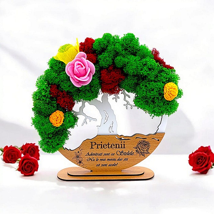 Tablou Copacul Vietii Cadou personalizat cu mesaj standard pentru Prieteni/Sotie/Fini/Familie/Nasi ”Prietenii adevarati sunt..”, decorat cu licheni stabilizati Produs în România de Rustic Wood Decor [1]