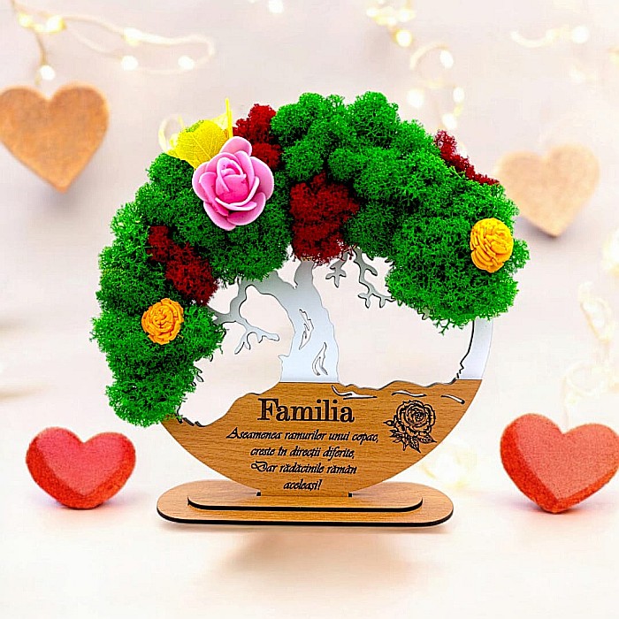 Tablou Copacul Vietii Cadou personalizat cu mesaj standard pentru Prieteni/Sotie/Fini/Familie/Nasi ”Familia asemenea..”, decorat cu licheni stabilizati Produs în România de Rustic Wood Decor [1]