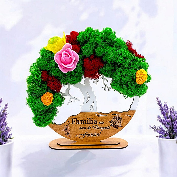 Tablou Copacul Vietii Cadou personalizat cu mesaj standard pentru Prieteni/Sotie/Fini/Familie/Nasi ”Familia este sursa de Dragoste si...”, decorat cu licheni stabilizati Produs în România de Rustic Wo [1]