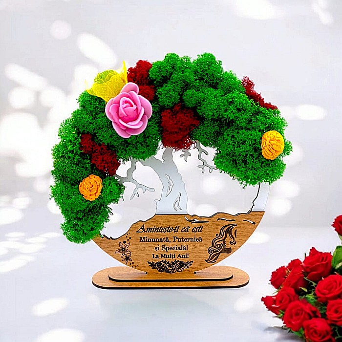 Tablou Copacul Vietii Cadou personalizat cu mesaj standard pentru Prieteni/Sotie/Fini/Familie/Nasi ”Aminteste-ti ca esti Minunata...”, decorat cu licheni stabilizati Produs în România de Rustic Wood D [1]