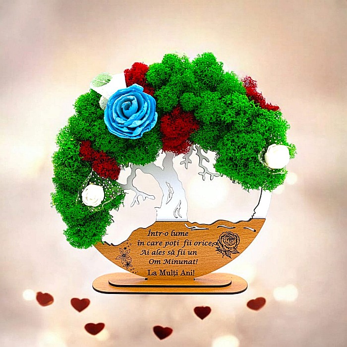 Tablou Copacul Vietii Cadou personalizat cu mesaj standard pentru Prieteni/Sotie/Fini/Familie/Nasi ”Om Minunat..”, decorat cu licheni stabilizati Produs în România de Rustic Wood Decor [1]