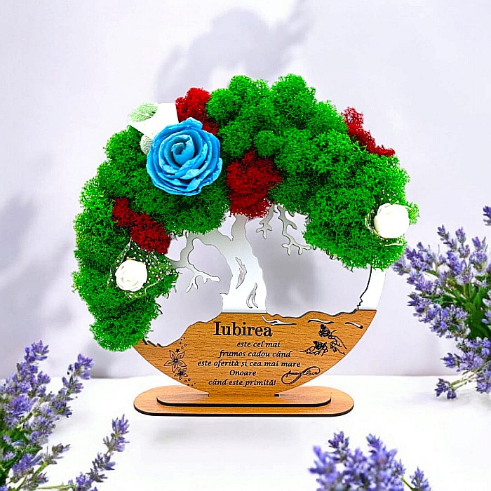 Tablou Copacul Vietii Cadou personalizat cu mesaj standard pentru Prieteni/Sotie/Fini/Familie/Nasi ”Iubirea este cel mai...”, decorat cu licheni stabilizati Produs în România de Rustic Wood Decor [1]