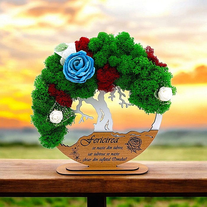 Tablou Copacul Vietii Cadou personalizat cu mesaj standard pentru Prieteni/Sotie/Fini/Familie/Nasi ”Fericirea se naste din...”, decorat cu licheni stabilizati Produs în România de Rustic Wood Decor [1]