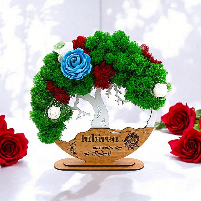 Tablou Copacul Vietii Cadou personalizat cu mesaj standard pentru Prieteni/Sotie/Fini/Familie/Nasi ”Iubirea mea pentru...”, decorat cu licheni stabilizati Produs în România de Rustic Wood Decor [1]