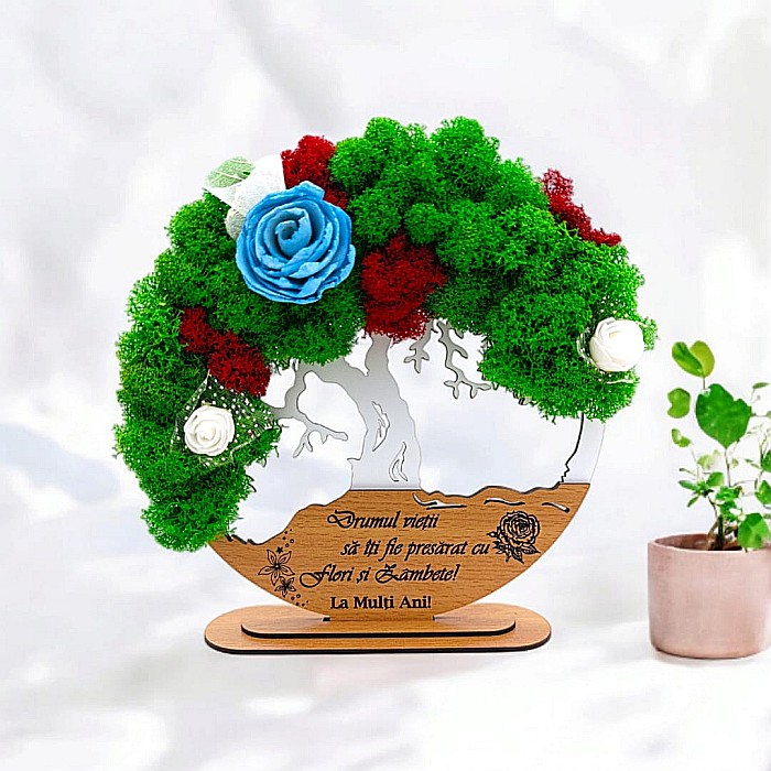 Tablou Copacul Vietii Cadou personalizat cu mesaj standard pentru Prieteni/Sotie/Fini/Familie/Nasi ”Drumul vietii...”, decorat cu licheni stabilizati Produs în România de Rustic Wood Decor [1]