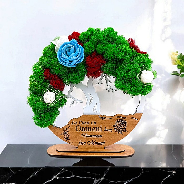 Tablou Copacul Vietii Cadou personalizat cu mesaj standard pentru Prieteni/Sotie/Fini/Familie/Nasi ”La casa cu...”, decorat cu licheni stabilizati Produs în România de Rustic Wood Decor [1]