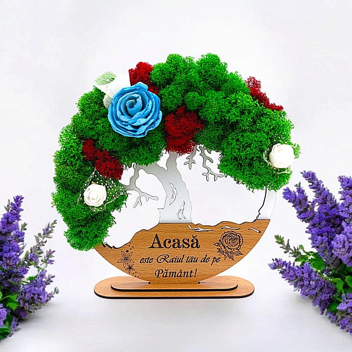 Tablou Copacul Vietii Cadou personalizat cu mesaj standard pentru Prieteni/Sotie/Fini/Familie/Nasi ”Acasa este Raiul..”, decorat cu licheni stabilizati Produs în România de Rustic Wood Decor [1]