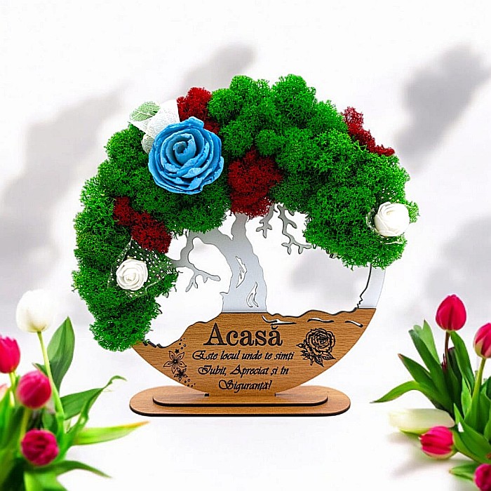 Tablou Copacul Vietii Cadou personalizat cu mesaj standard pentru Prieteni/Sotie/Fini/Familie/Nasi ”Acasa este locul..”, decorat cu licheni stabilizati Produs în România de Rustic Wood Decor [1]
