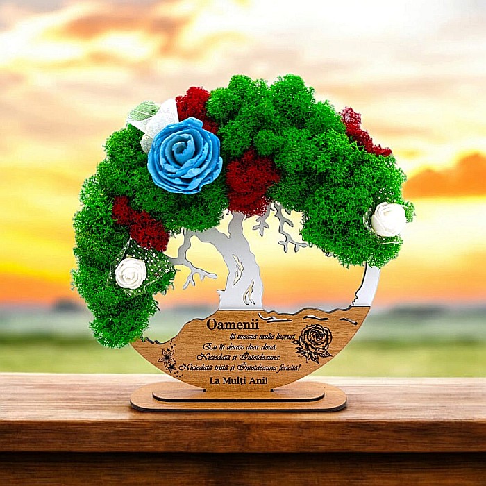 Tablou Copacul Vietii Cadou personalizat cu mesaj standard pentru Prieteni/Sotie/Fini/Familie/Nasi ”La multi ani!”, decorat cu licheni stabilizati Produs în România de Rustic Wood Decor [1]