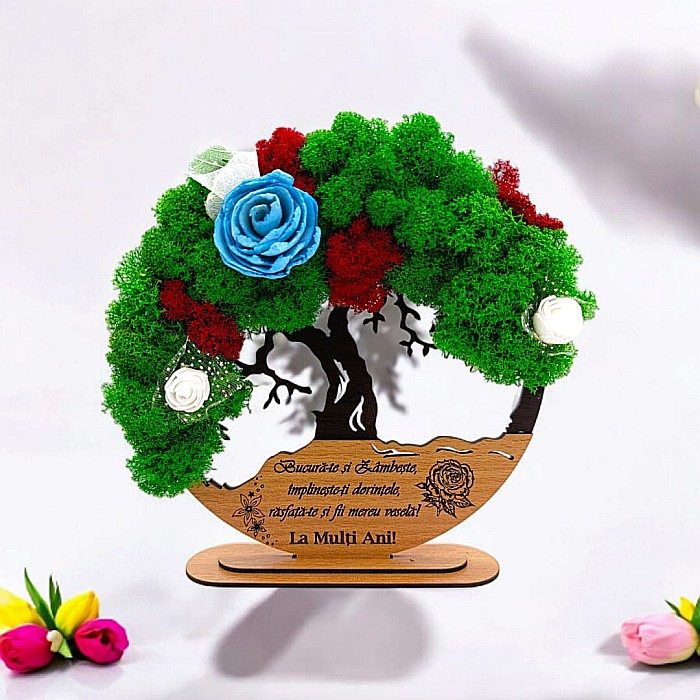 Tablou Copacul Vietii Cadou personalizat cu mesaj standard pentru Prieteni/Sotie/Fini/Familie/Nasi ”Bucurate si Zambeste..”, decorat cu licheni stabilizati Produs în România de Rustic Wood Decor [1]