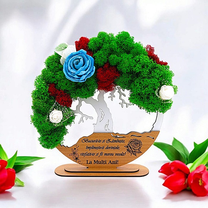 Tablou Copacul Vietii Cadou personalizat cu mesaj standard pentru Prieteni/Sotie/Fini/Familie/Nasi ”Bucurate si Zambeste..” alb, decorat cu licheni stabilizati Produs în România de Rustic Wood Decor [1]