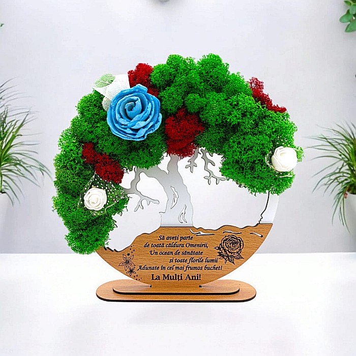 Tablou Copacul Vietii Cadou personalizat cu mesaj standard pentru Prieteni/Sotie/Fini/Familie/Nasi ”Sa aveti parte..” alb, decorat cu licheni stabilizati Produs în România de Rustic Wood Decor [1]