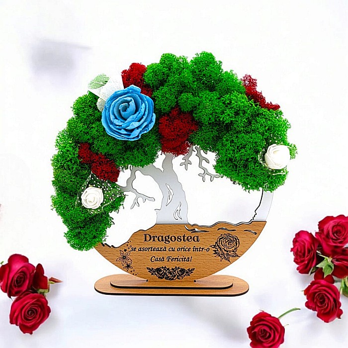 Tablou Copacul Vietii Cadou personalizat cu mesaj standard pentru Prieteni/Sotie/Fini/Familie/Nasi ”Dragostea se asorteaza cu..” alb, decorat cu licheni stabilizati Produs în România de Rustic Wood De [1]