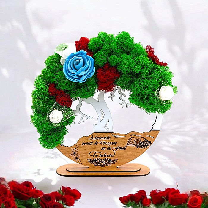 Tablou Copacul Vietii Cadou personalizat cu mesaj standard pentru Prieteni/Sotie/Fini/Familie/Nasi ”Adevaratele povesti de..” alb, decorat cu licheni stabilizati Produs în România de Rustic Wood Decor [1]