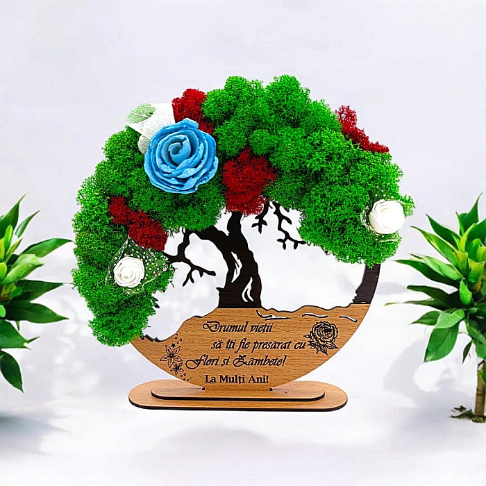 Tablou Copacul Vietii Cadou personalizat cu mesaj standard pentru Prieteni/Sotie/Fini/Familie/Nasi ”Drumul vietii..” negru, decorat cu licheni stabilizati Produs în România de Rustic Wood Decor [1]