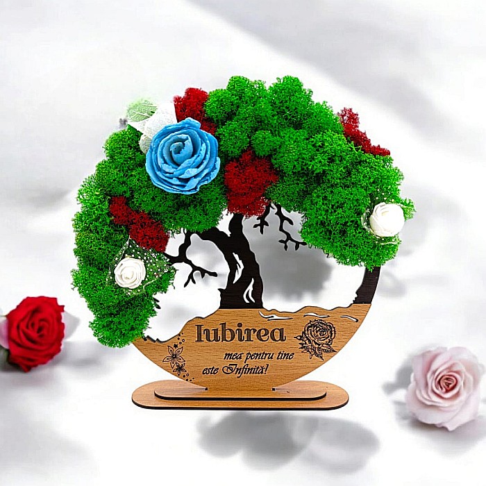 Tablou Copacul Vietii Cadou personalizat cu mesaj standard pentru Prieteni/Sotie/Fini/Familie/Nasi ”Iubirea mea pentru..” negru, decorat cu licheni stabilizati Produs în România de Rustic Wood Decor [1]