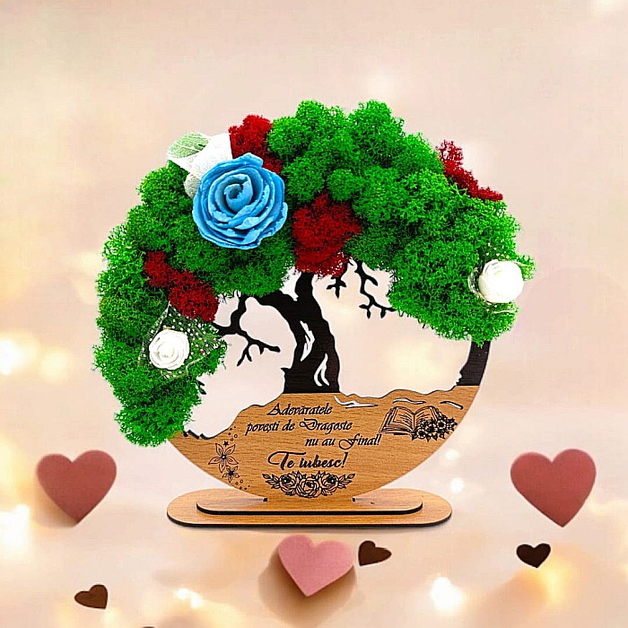 Tablou Copacul Vietii Cadou personalizat cu mesaj standard pentru Prieteni/Sotie/Fini/Familie/Nasi ”Adevaratele povesti de..” negru, decorat cu licheni stabilizati Produs în România de Rustic Wood Dec [1]