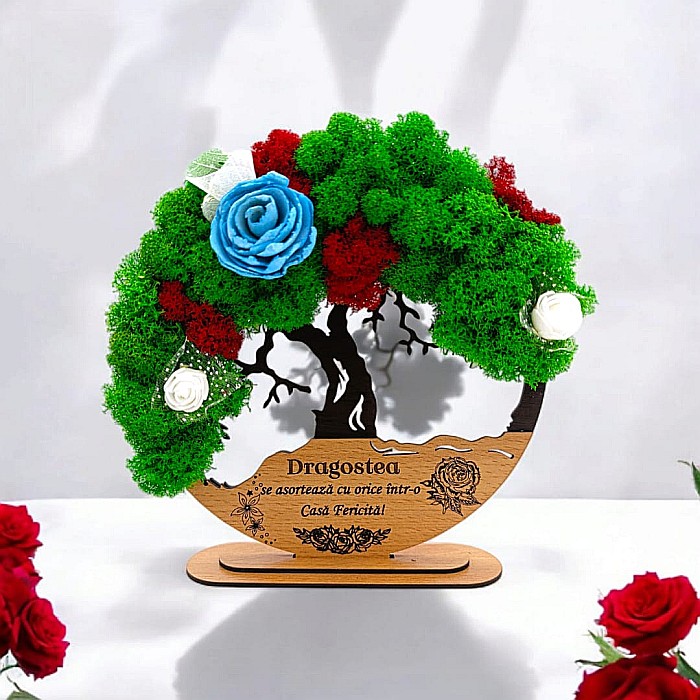 Tablou Copacul Vietii Cadou personalizat cu mesaj standard pentru Prieteni/Sotie/Fini/Familie/Nasi ”Dragostea se asorteaza cu..” negru, decorat cu licheni stabilizati Produs în România de Rustic Wood [1]