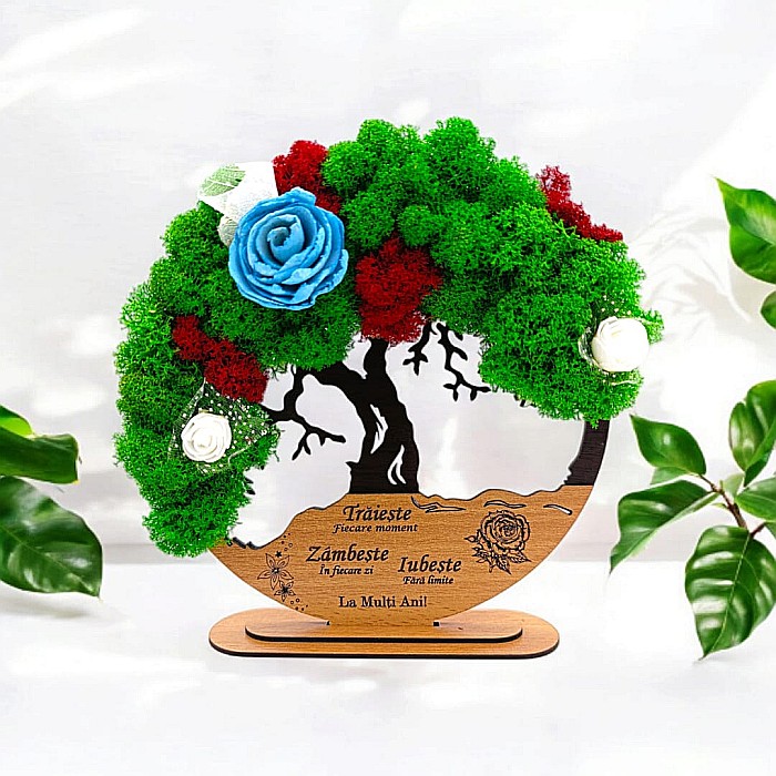 Tablou Copacul Vietii Cadou personalizat cu mesaj standard pentru Prieteni/Sotie/Fini/Familie/Nasi ”Traieste, Zambeste..” negru, decorat cu licheni stabilizati Produs în România de Rustic Wood Decor [1]