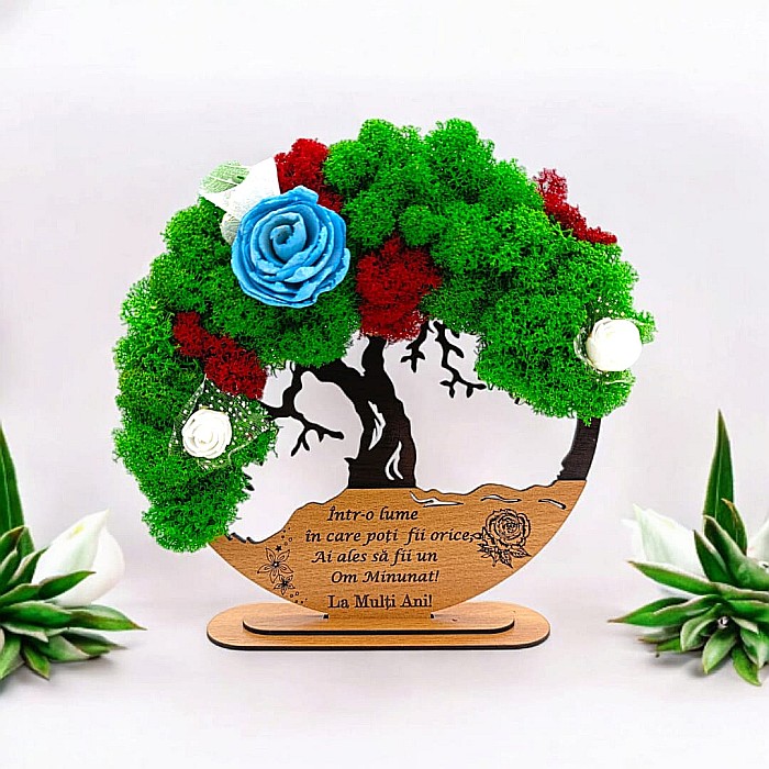 Tablou Copacul Vietii Cadou personalizat cu mesaj standard pentru Prieteni/Sotie/Fini/Familie/Nasi ”Om Minunat..” negru, decorat cu licheni stabilizati Produs în România de Rustic Wood Decor [1]