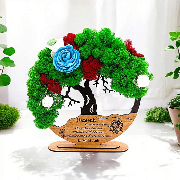 Tablou Copacul Vietii Cadou personalizat cu mesaj standard pentru Prieteni/Sotie/Fini/Familie/Nasi ”La multi ani!” negru, decorat cu licheni stabilizati Produs în România de Rustic Wood Decor [1]