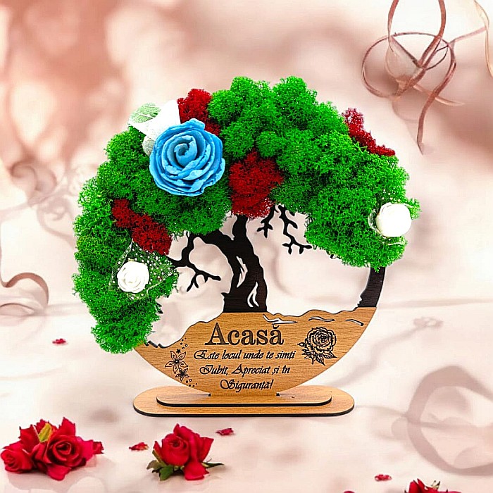 Tablou Copacul Vietii Cadou personalizat cu mesaj standard pentru Prieteni/Sotie/Fini/Familie/Nasi ”Acasa este locul unde....” negru, decorat cu licheni stabilizati Produs în România de Rustic Wood De [1]