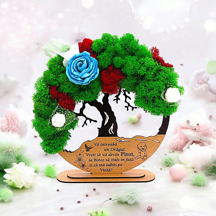 Tablou Copacul Vietii Cadou personalizat cu mesaj standard pentru Prieteni/Sotie/Fini/Familie/Nasi ”Va intreaba un Dragut” negru, decorat cu licheni stabilizati Produs în România de Rustic Wood Decor [1]