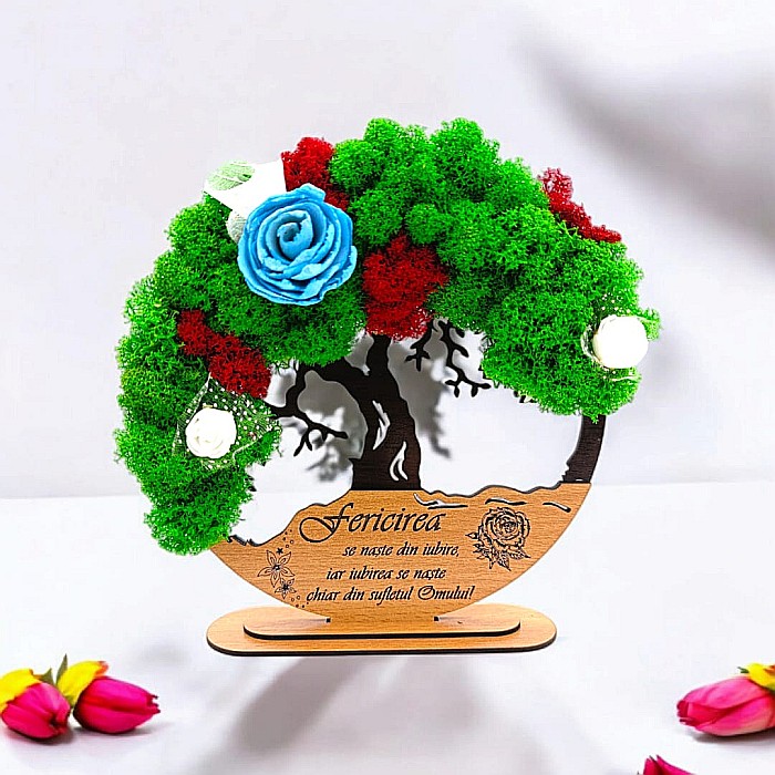 Tablou Copacul Vietii Cadou personalizat cu mesaj standard pentru Prieteni/Sotie/Fini/Familie/Nasi ”Fericirea se naste din...” negru, decorat cu licheni stabilizati Produs în România de Rustic Wood De [1]