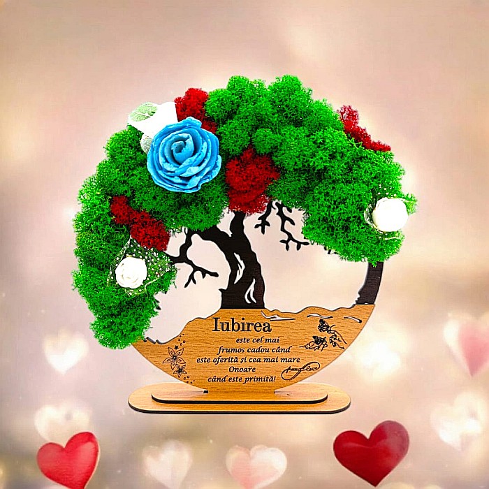 Tablou Copacul Vietii Cadou personalizat cu mesaj standard pentru Prieteni/Sotie/Fini/Familie/Nasi ”Iubirea este...” negru, decorat cu licheni stabilizati Produs în România de Rustic Wood Decor [1]