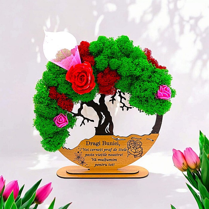 Tablou Copacul Vietii Cadou personalizat cu mesaj standard pentru Prieteni/Sotie/Bunici/Familie/Nasi ”Dragi Bunici...” negru, decorat cu licheni stabilizati Produs în România de Rustic Wood Decor [1]