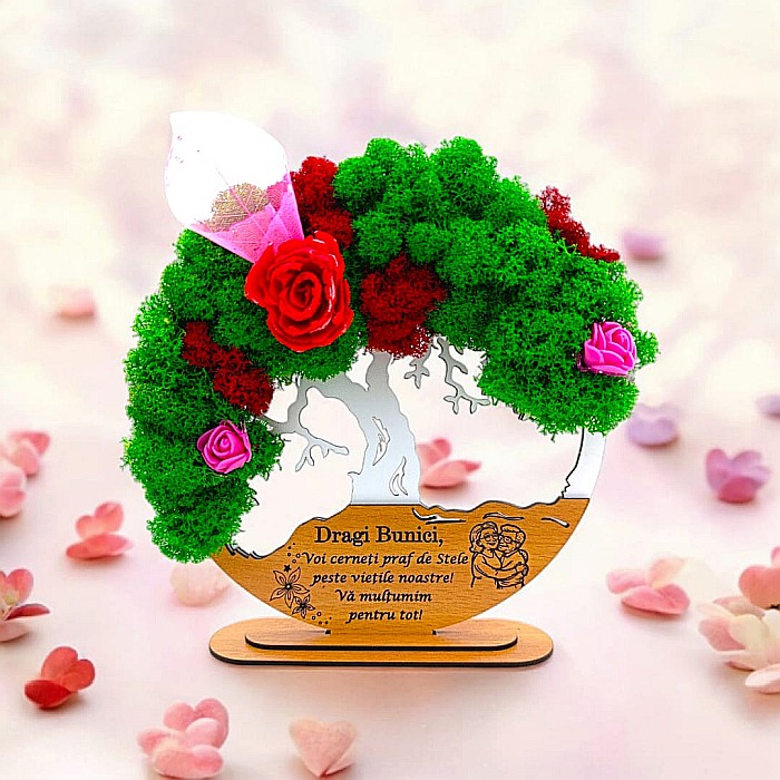 Tablou Copacul Vietii Cadou personalizat cu mesaj standard pentru Bunici/Sotie/Mama/Familie/Nasi ”Dragi bunici..” alb, decorat cu licheni stabilizati Produs în România de Rustic Wood Decor [1]