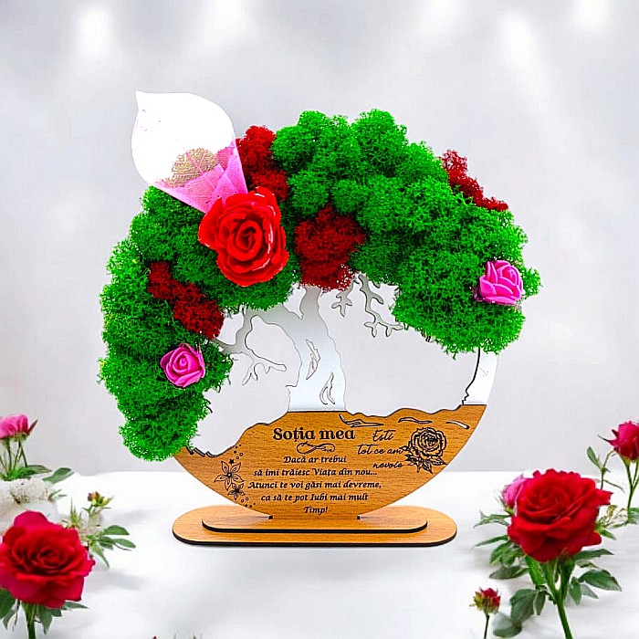 Tablou Copacul Vietii Cadou personalizat cu mesaj standard pentru Sotie/Mama/Familie/Nasi , alb, decorat cu licheni stabilizati Produs în România de Rustic Wood Decor [1]