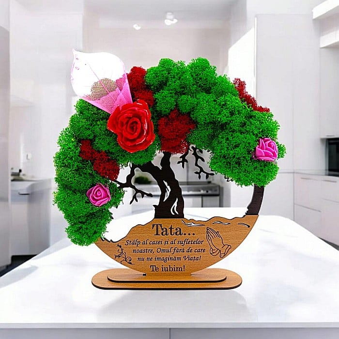 Tablou Copacul Vietii Cadou personalizat cu mesaj standard pentru Tata/Mama/Familie/Nasi , negru, decorat cu licheni stabilizati Produs în România de Rustic Wood Decor [1]