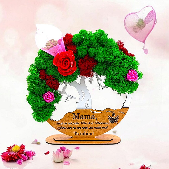 Tablou Copacul Vietii Cadou personalizat cu mesaj standard pentru Prietena/Sotie/Mama/Familie/Nasi , alb, decorat cu licheni stabilizati Produs în România de Rustic Wood Decor [1]