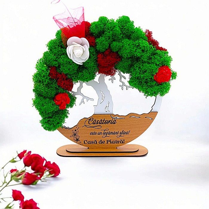 Tablou Copacul Vietii Cadou personalizat cu mesaj standard pentru Nunta/Sotie/Mama/Familie/Nasi , alb, decorat cu licheni stabilizati Produs în România de Rustic Wood Decor [1]