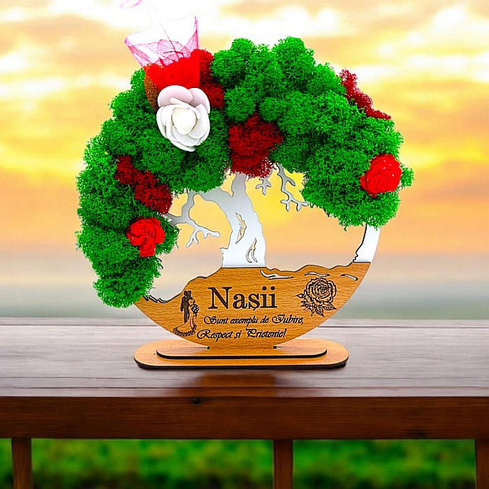 Tablou Copacul Vietii Cadou personalizat cu mesaj standard pentru Nunta/Sotie/Mama/Familie/Nasi , alb, decorat cu licheni stabilizati Produs în România de Rustic Wood Decor [1]