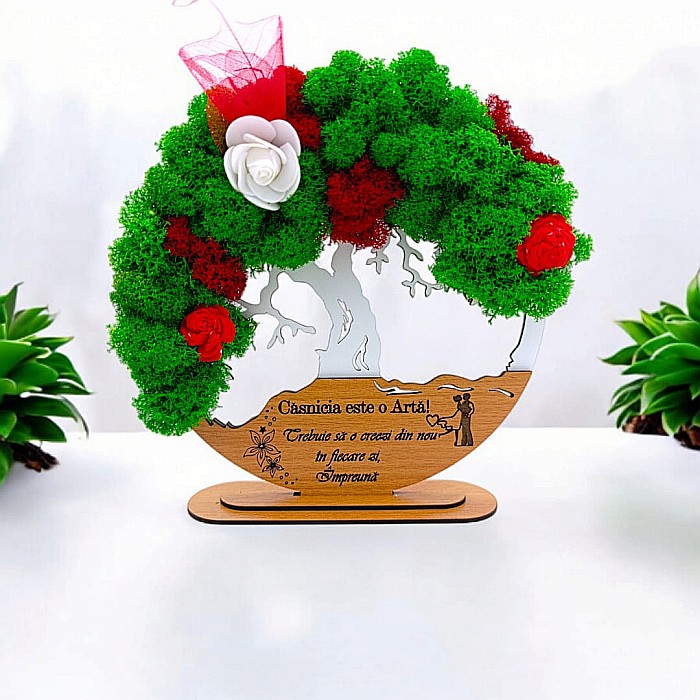 Tablou Copacul Vietii Cadou personalizat cu mesaj standard pentru Nunta/Sotie/Mama/Familie/Nasi , alb, decorat cu licheni stabilizati Produs în România de Rustic Wood Decor [1]