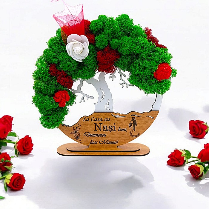 Tablou Copacul Vietii Cadou personalizat cu mesaj standard pentru Nunta/Sotie/Mama/Familie/Nasi , alb, decorat cu licheni stabilizati Produs în România de Rustic Wood Decor [1]