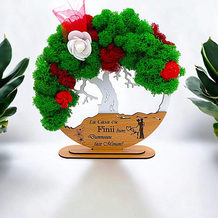 Tablou Copacul Vietii Cadou personalizat cu mesaj standard pentru Nunta/Fini/Mama/Familie/Nasi , alb, decorat cu licheni stabilizati Produs în România de Rustic Wood Decor [1]