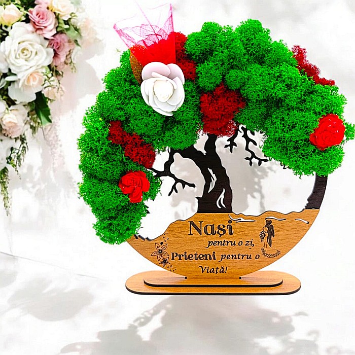 Tablou Copacul Vietii Cadou personalizat cu mesaj standard pentru Nunta/Fini/Mama/Familie/Nasi , negru, decorat cu licheni stabilizati Produs în România de Rustic Wood Decor [1]